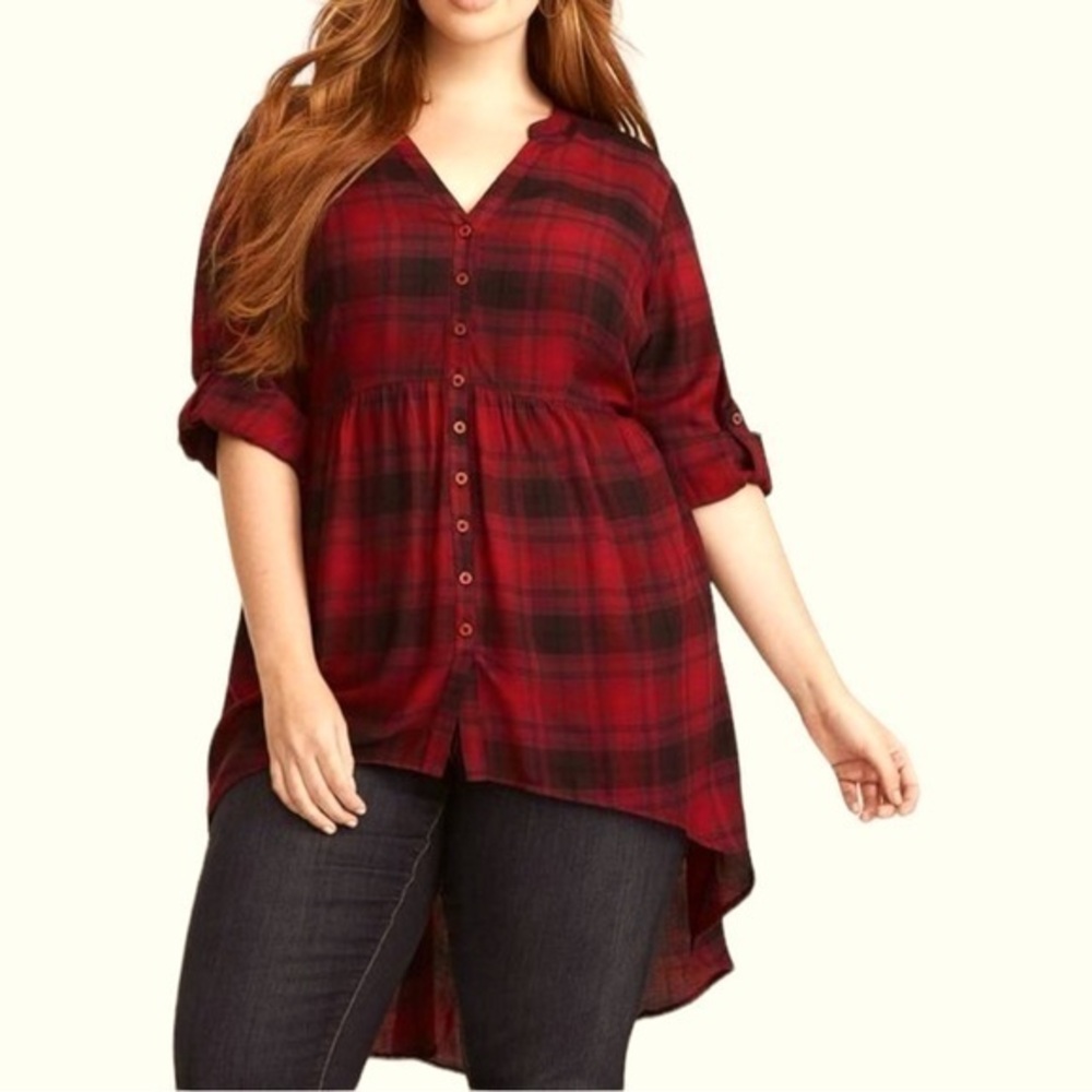 Rayon Hi-Low Button-Front Long Sleeve Tunic